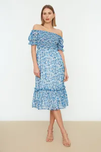 Trendyol Blue Knitted Lined Chiffon Carmen Collar Gippe Midi Dress