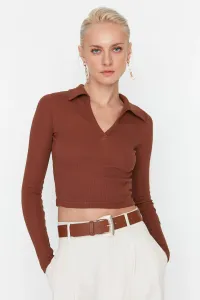 Trendyol Brown Polo Neck Corduroy Crop Knitted Blouse