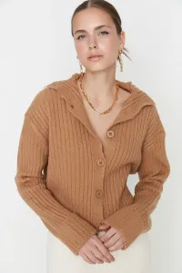 Trendyol Camel Crop Soft Textured Stand-Up Collar Knitwear Cardigan
