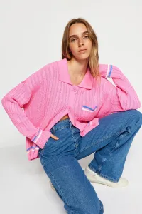 Trendyol Pink Color Block Polo Collar Knitwear Cardigan