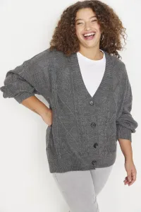 Trendyol Curve Anthracite Hair Braid Detailed V-Neck Buttons Knitwear Cardigan