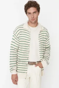 Trendyol Ecru Men's Regular Fit Striped Knitwear Cardigan with Crochet Detail
