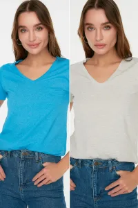 Trendyol Gray Melange-Blue Single Jersey V Neck 2-Pack Knitted T-Shirt #1256312