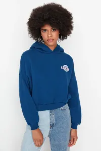 Trendyol Indigo Back Print Detailed Hooded Thick Inside Fleece Knitted Sweatshirt