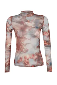 Trendyol Multi-colored Angel Print Standing Collar Tulle Fitted/Slitter Knitted Blouse #2692572