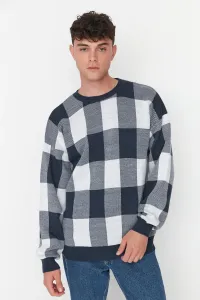 Trendyol Navy Blue Men's Oversize Fit Wide Fit Crew Neck Checked Patterned Knitwear Sweater #1015779