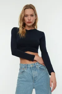 Trendyol Navy Blue Slim Shirring Detailed Crop, Stretchy Knitted Blouse