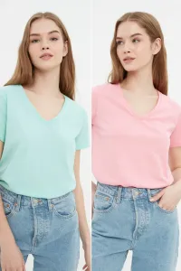 Trendyol Pink-Mint Single Jersey V-Neck 2-Pack Basic Knitted T-Shirt