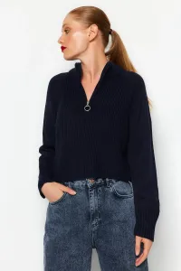 Trendyol Navy Blue Crop Zipper Detailed Knitwear Sweater