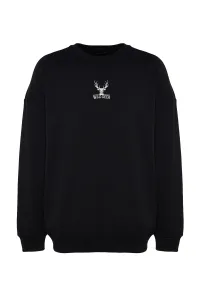 Trendyol Black Men's Oversize/Wide-Fit Crew Neck Long Sleeve Animal Embroidered Sweatshirt