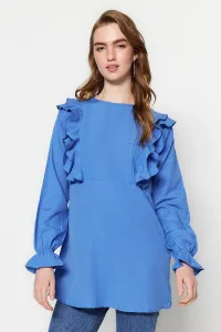 Trendyol Blue Ruffle Pompom Fabric Cotton Tunic