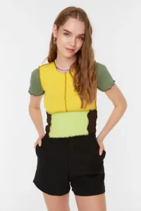 Trendyol Yellow Color Block Corduroy Crop Knitted Blouse #1398544