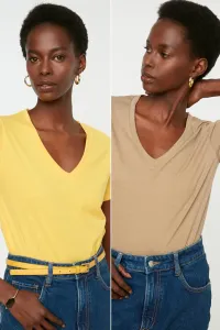 Trendyol Yellow-Stone Single Jersey Basic V-Neck 2-Pack Knitted T-Shirt #1247888