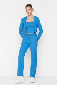 Trendyol Blue Ribbed Blouse Cardigan Trousers Knitwear Two Piece Set