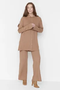 Trendyol Camel Slit Detailed Cardigan-Pants Knitwear Set