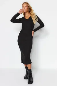 Trendyol Maxi V-Neck Knitted Black Knitwear Fitted Dress