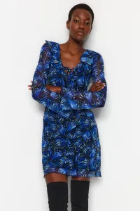 Trendyol Blue Printed Tulle Lined Mini Skater/Knitted Waist Dress with Tie Detail
