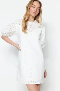 Trendyol Ecru Straight Cut Mini Cotton Woven Lined High Neck Brode Woven Dress