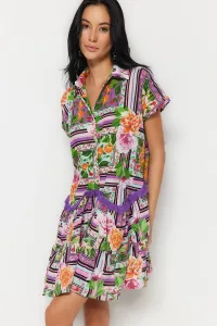 Trendyol Floral Patterned Wide Fit Mini 100% Cotton Beach Dress with Woven Tapes and Accessories