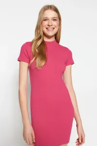 Trendyol Fuchsia Fitted Short Sleeve Crew Neck Mini Ribbed Stretchy Knitted Dress
