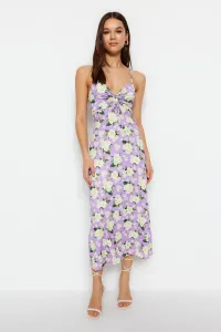 Trendyol Lilac Floral Pattern Shirring Detailed A-Line Midi Sweetheart Neck Straps, Flexible Knitted Dress