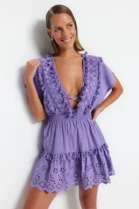 Trendyol Lilac Mini Weave Embroidered 100% Cotton Beach Dress