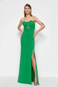 Trendyol Emerald Green Lined Knitted Accessory Long Evening Dress