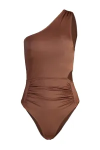Trendyol Brown One-Shoulder Draped Regular Leg Swimsuit