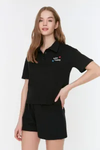 Trendyol Black Embroidered Crop Knitted Pajamas Set #1371387
