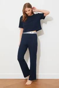Trendyol Navy Blue Printed Elastic Detailed Ribbed Cotton T-shirt-Pants Knitted Pajamas
