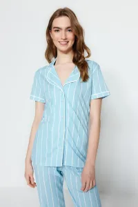 Trendyol Light Blue Striped Piping Detailed Sleeping Tape Knitted Pajamas Set