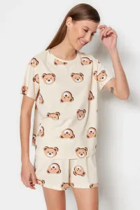 Trendyol Ecru 100% Cotton Teddy Bear Printed T-shirt-Shorts Knitted Pajamas Set