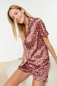 Trendyol Pink Leopard Patterned Satin Shirt-Shorts Woven Pajamas Set