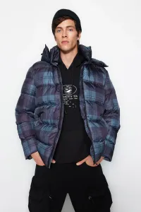 Trendyol Navy Blue Men's Oversized Plaid Print Winter Coat with Detachable Hood, Water/Wind Resistant