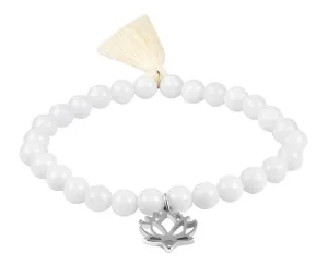 Troli Bracciale di perline in agata bianca con fior di loto e nappina 18 cm