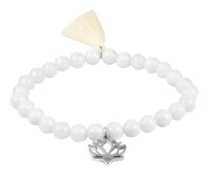 Troli Braccialetto con le perle in agata bianca con fior di loto e nappina 18 cm