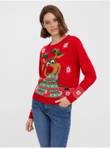 Red women's sweater with Christmas motif VERO MODA New Frosty Deer - Women