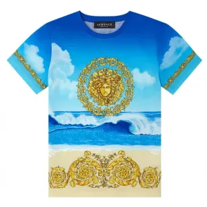 Versace Boys Medusa Beach Print T-Shirt Blue - BLUE 4Y