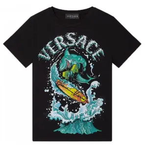 Versace Boys Shark Surf Print T-Shirt Black - BLACK 4Y