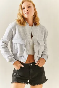 XHAN Gray Snap Buttoned Crop Bomber Jacket #3027028