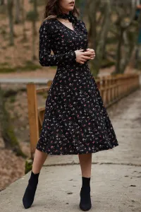 XHAN Women's Black Tie Collar Floral Pattern Dress