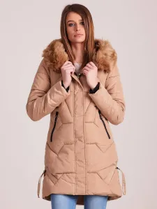 Long quilted jacket with hood beige